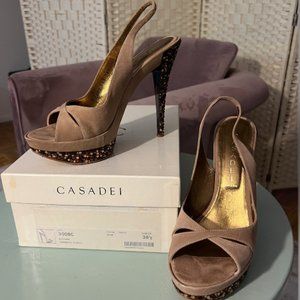 Casadei Tan Suede Open-Toe Platform Slingback Heels w/ Swarovski Crystals